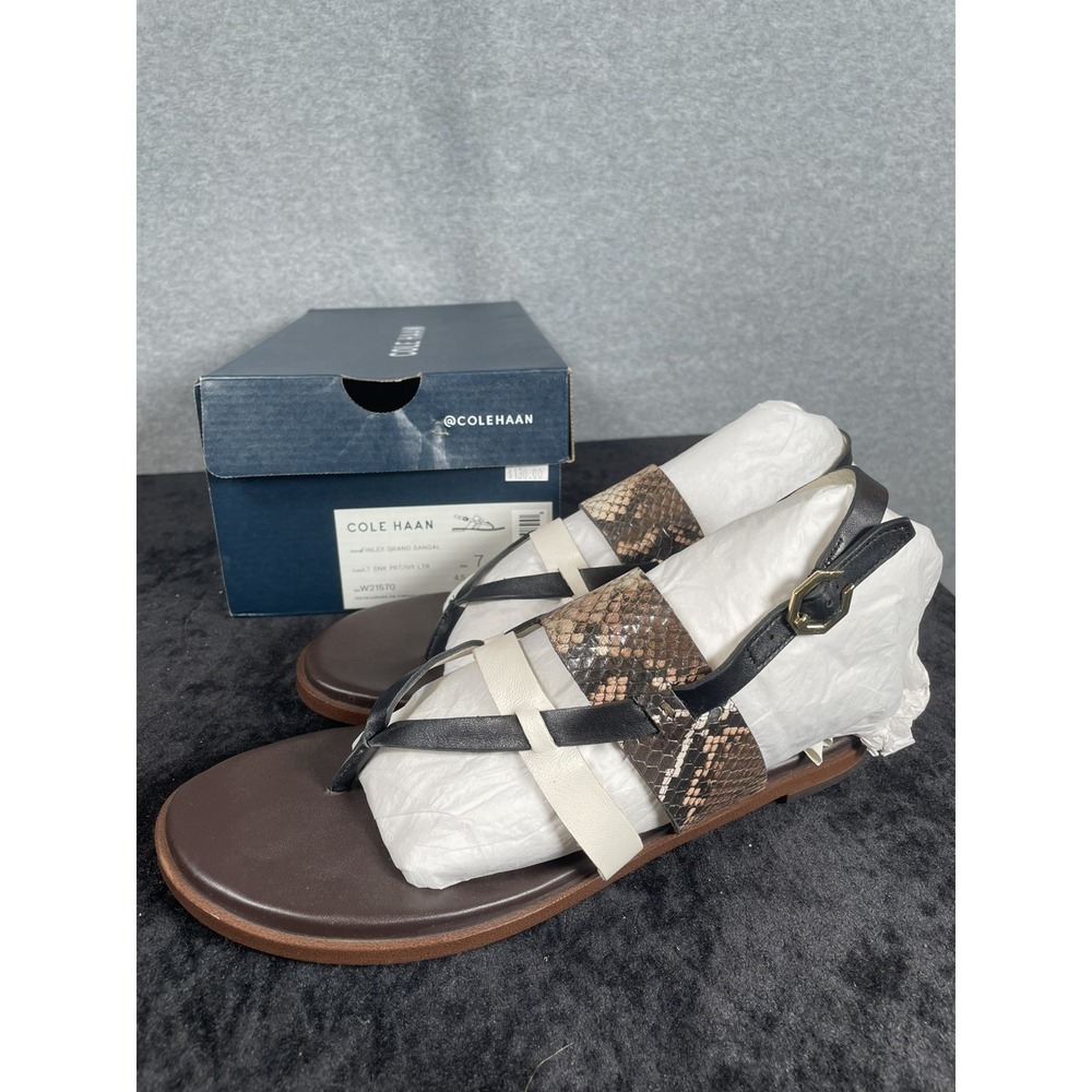 Cole Haan Finley Grand Sandal Womens 7 B Snake Print Ivory Leather Flat W21570